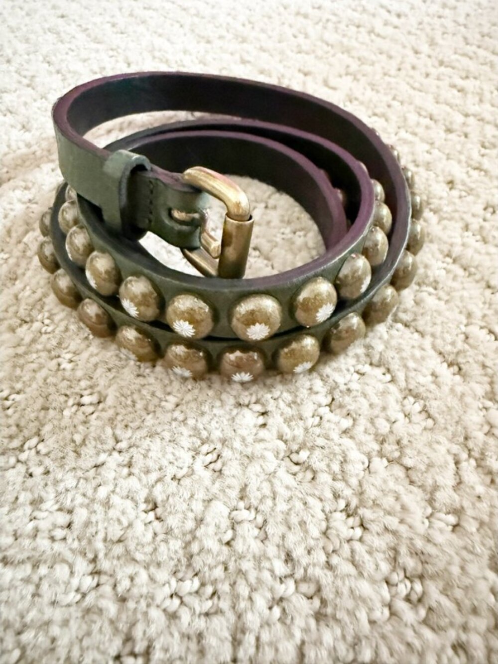 Ronald Pineau Skinny Green Brass Studded .75" Leather Belt M